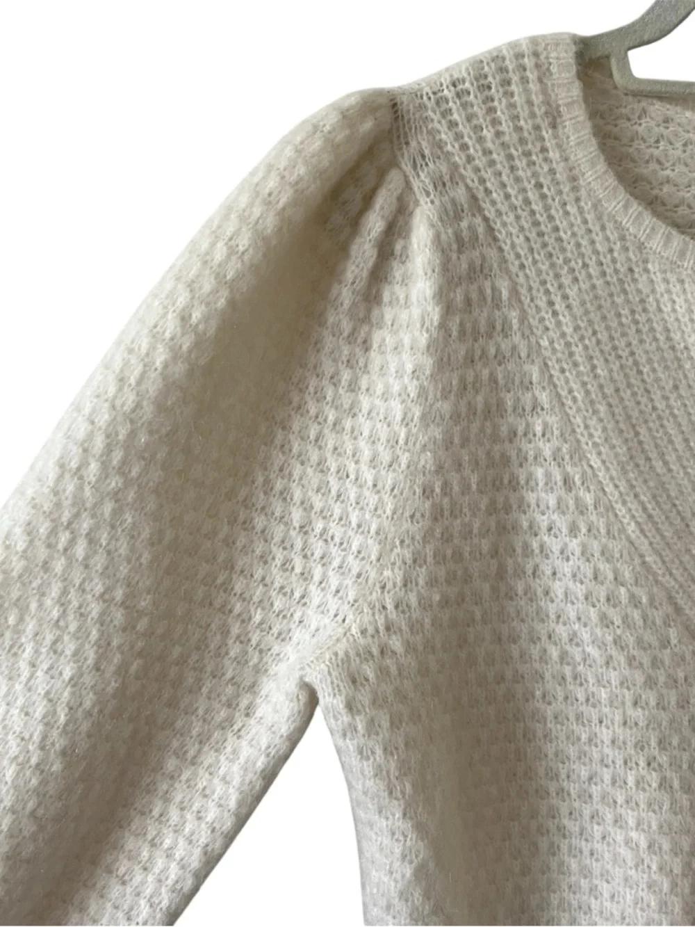 Sezane Solena Cardigan Sweater Kid Mohair Wool Ecru Large Fancy Knit Puff Sleeve - Picture 9 of 16